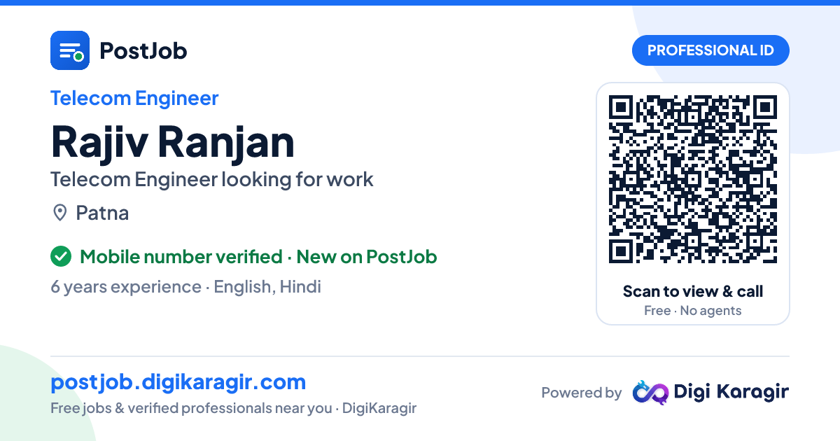 Professional ID of Rajiv Ranjan, Telecom Engineer — with QR code